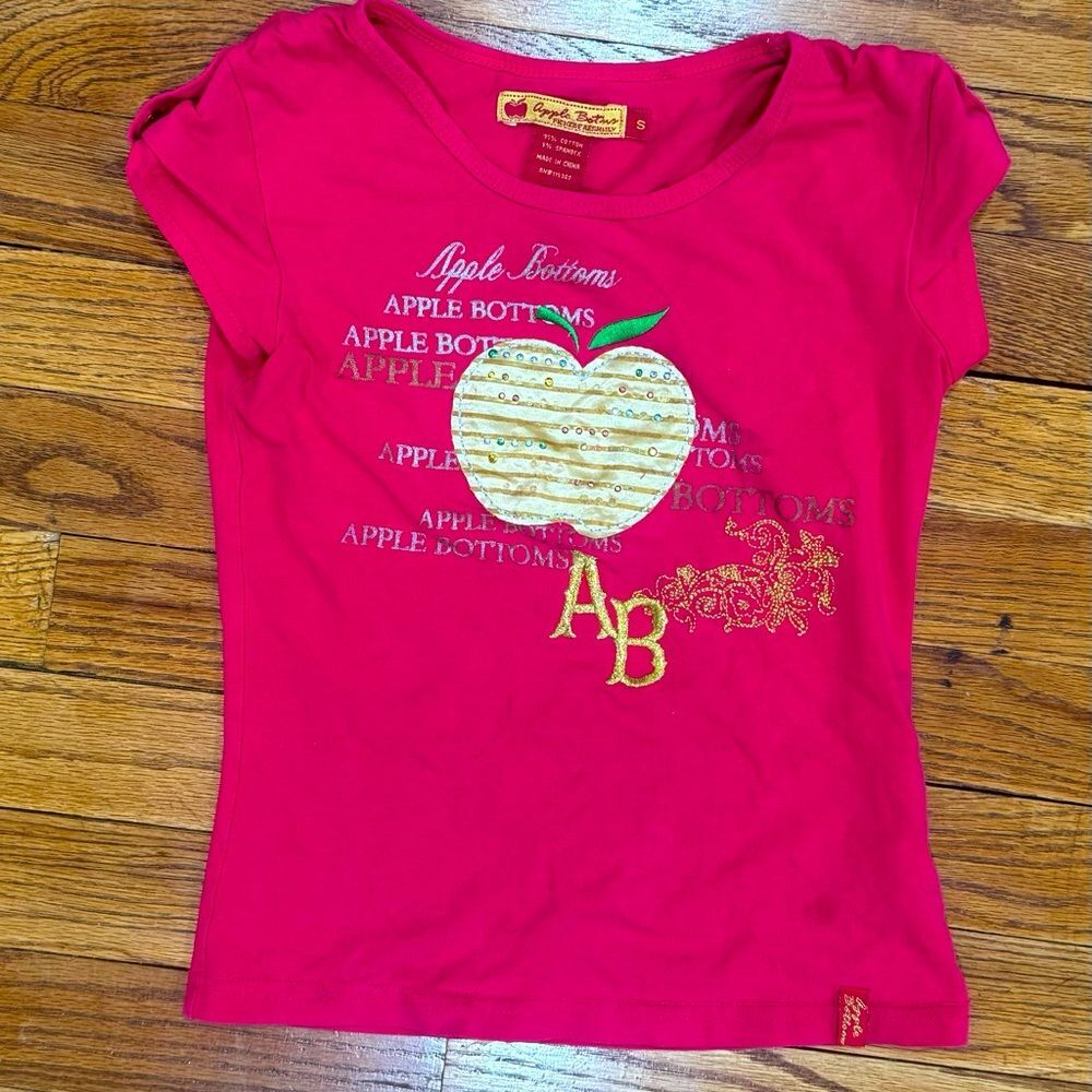 Y2K Apple Bottoms Girls Tee Shirt Pink Graphic Rhinestone Logo tShirt Size Small